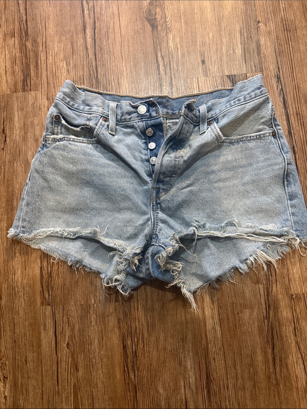 Levi's Light Blue Distressed Button-Fly Denim Shorts